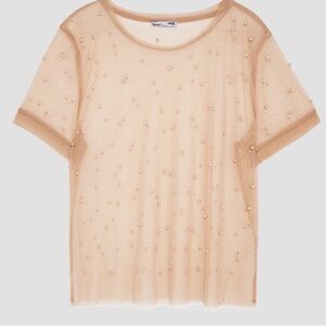 ZARA Women’s NUDE PEARL MESH TOP Sz Small